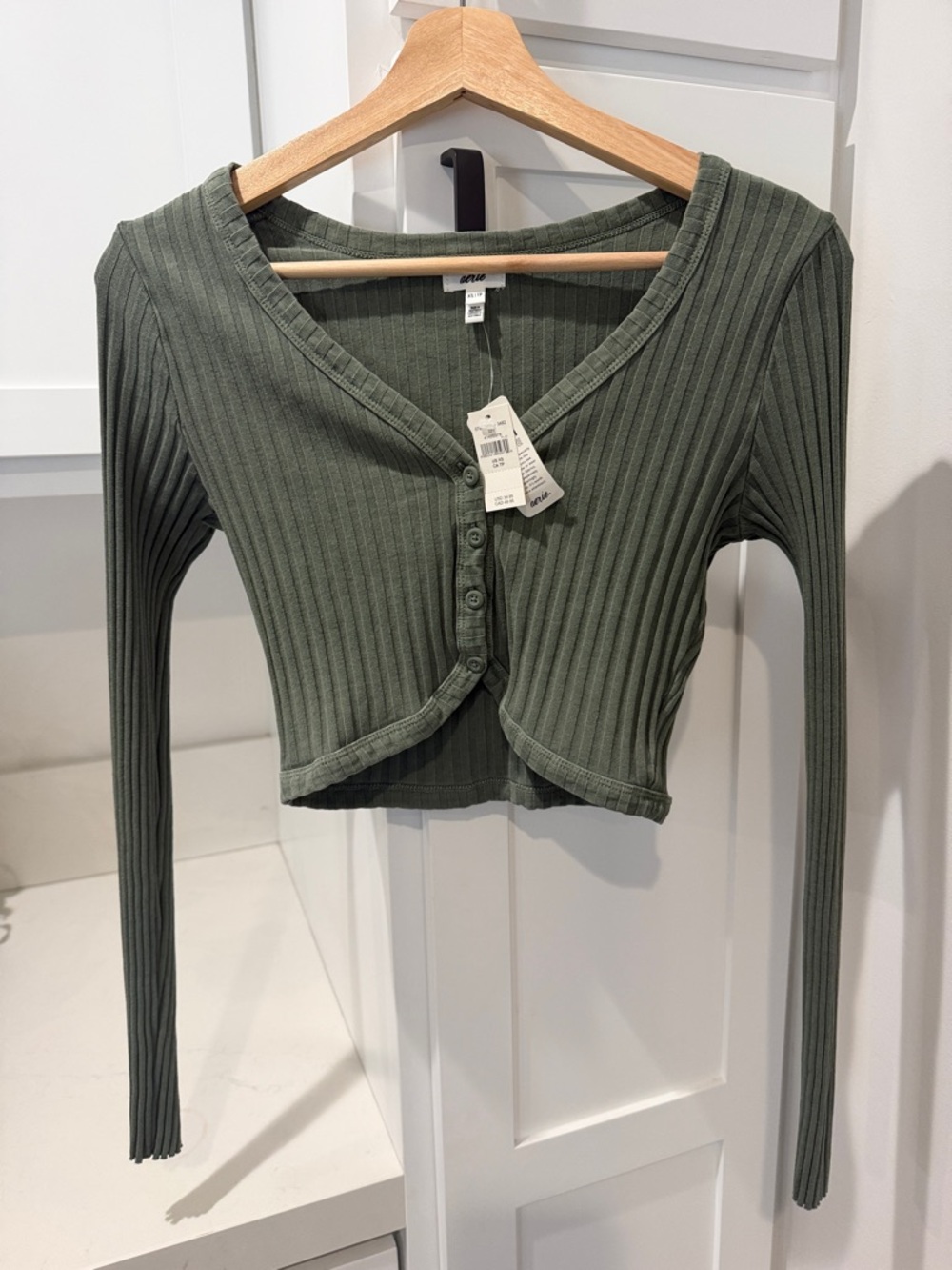 aerie Ribbed V-Neck Cropped Button Cardigan - Olive